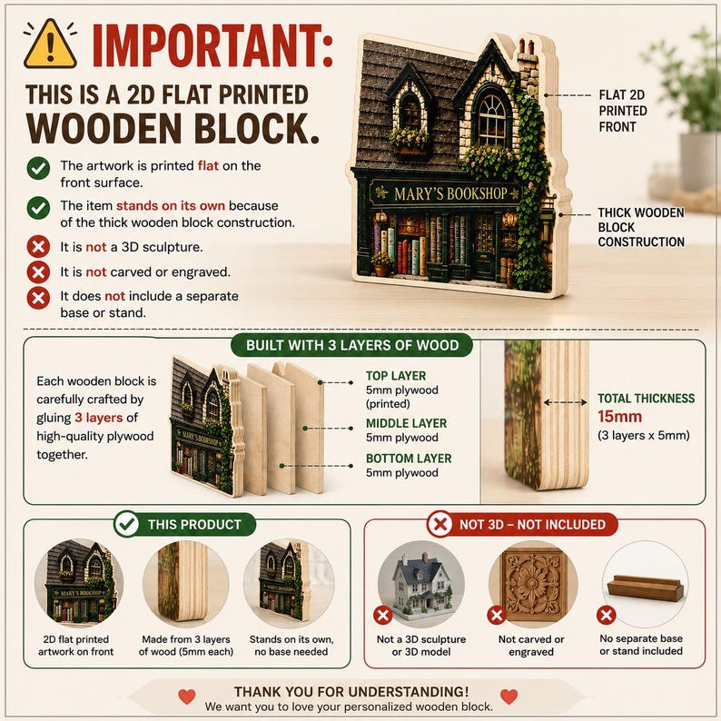 May include: A 2D flat printed wooden block shaped like a building labeled Mary's Bookshop. It is constructed from three layers of 5mm plywood for a total thickness of 15mm. The front features a detailed printed image of a bookstore facade.