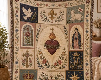 Sacred Heart of Jesus Woven Blanket, Our Lady of Guadalupe Catholic Throw, Vintage Floral Christian Home Decor Gift C2IR19-RD
