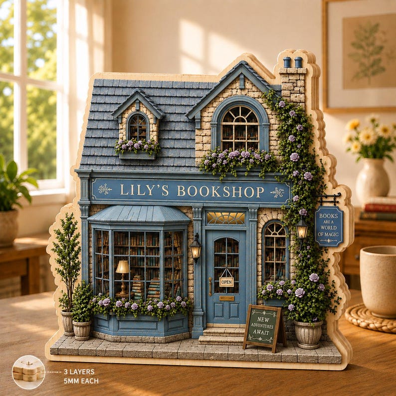 May include: A miniature wooden model of Lily's Bookshop featuring a blue facade, a bay window, and a stone chimney. The structure includes a sign reading 'BOOKS ARE A WORLD OF MAGIC', a chalkboard sign saying 'NEW ADVENTURES AWAIT', and 3 layers of 5mm each.