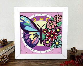 Flower Butterfly Shadow Box 3D Svg, Flower Butterfly 3D Box Svg ,Flower Butterfly Light Box Svg  ,Layered Cardstock Art, Shadow Box Template