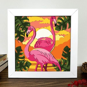 Flamingo Paar Schatten Box 3D, Flamingo 3D Box SVG, Flamingo Paar SVG, Flamingo Licht Box, geschichtete Karton Kunst, Schatten Box Vorlage
