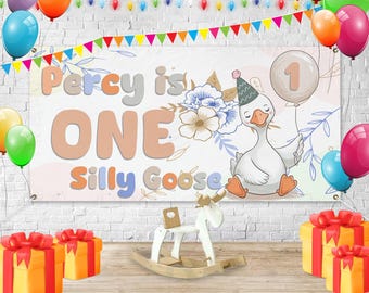 Personalized One Silly Goose Banner – Custom First Birthday Backdrop for Boy or Girl, Cake Smash Party Decor JCLI13