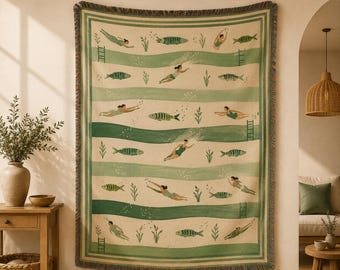 Swimming Fish Woven Blanket, Green Stripe Ocean Throw Blanket, Coastal Swimmer Wall Tapestry, Summer Lake Decor BRD-XG112