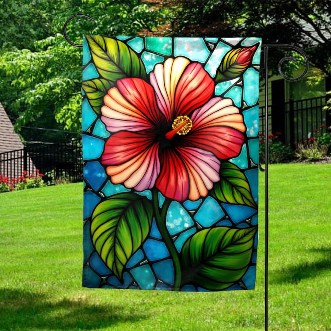 Hibiscus Flowers Stained Glass Garden Flag, Floral Home Banner