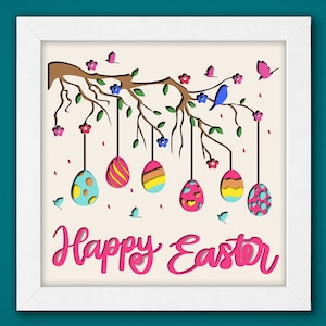 Svg 3D Joyeuses Pâques, oeuf d'arbre Joyeuses Pâques Svg, oeuf d'arbre 3D, boîte à lumière du jour de Pâques, art cartonné en couches, modèle de boîte ombrée