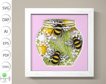 3D Honey Bee Shadow Box SVG, Bee 3D Box Svg ,Bee Flower Svg ,Spring Bee 3D Light Box Svg ,Spring 3D Svg , Layered Cardstock Art