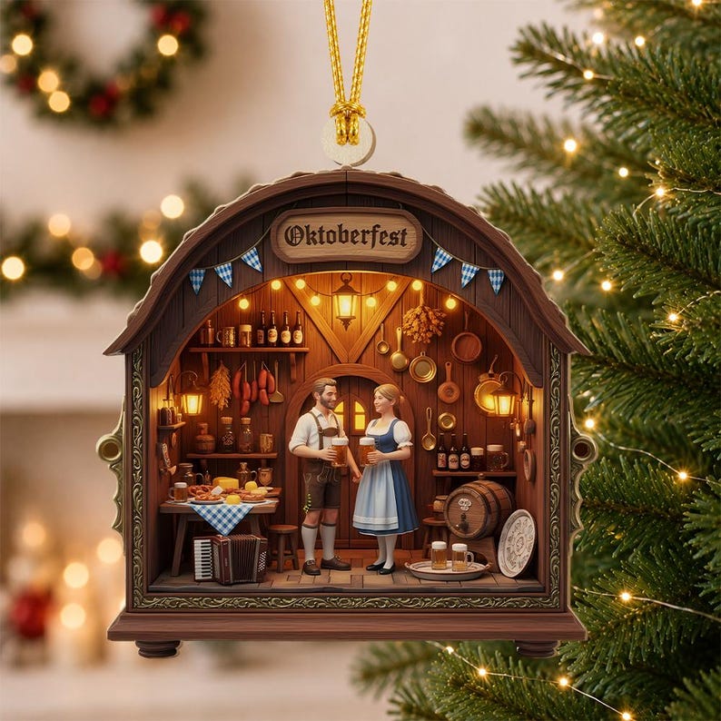 May include: A wooden Oktoberfest-themed hanging ornament featuring a miniature tavern scene with a man and woman holding beer steins. The structure has a brown arched frame, blue and white bunting, and interior lighting with kitchen decor.