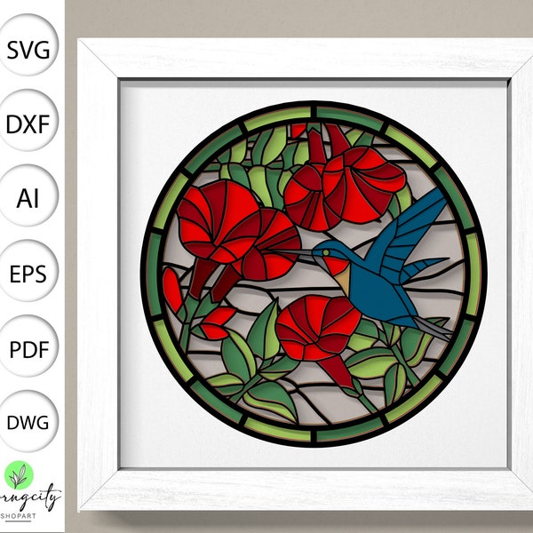 3D Hummingbird Shadow Box Svg ,Hummingbird 3D Box Svg ,Stained Glass 3D Svg,Animal Light Box Svg ,Layered Cardstock Art,Shadow Box Template