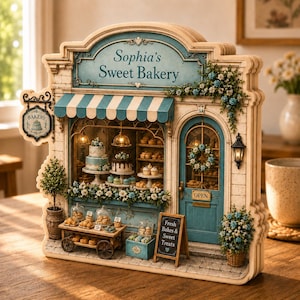 May include: A miniature bakery model titled Sophia's Sweet Bakery with a blue and white striped awning, a display window filled with cakes and pastries, a blue door with an open sign, and a small chalkboard sign reading Fresh Bakes & Sweet Treats.