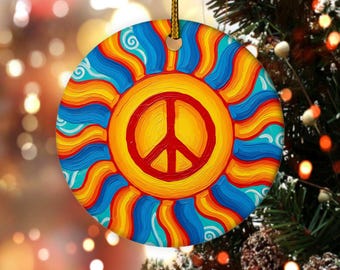 Peace Sign Hanging Ceramic Ornament, Peace Sign Christmas Ornament, Hippie Car Charm, Peace Sign Window Hanging, Groovy Gift JCPL18