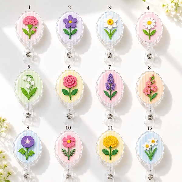 Könnte beinhalten: Eine Sammlung von zwölf ovalen Ausweishaltern, die jeweils ein einzigartiges 3D-Blumenmotiv auf einem pastellfarben gestreiften Hintergrund zeigen. Die Blumen umfassen Nelke, Veilchen, Narzisse, Gänseblümchen, Maiglöckchen, Rose, Lavendel, Phlox, Prunkwinde, Kosmee, Chrysantheme und Narzisse.