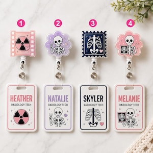 May include: Four retractable badge reels for radiology technicians, each featuring a unique topper and a matching ID holder. Designs include a radiation symbol, a skeleton making a peace sign, a rib cage, and a skeleton holding an X-ray image.