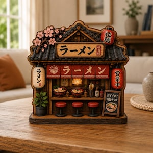 May include: A detailed wooden miniature ramen shop model featuring a dark tiled roof, pink cherry blossom accents, and red lanterns with Japanese text. The interior displays a counter with three red stools, bowls of ramen, and a small menu board.