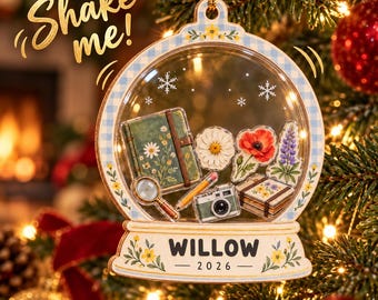 Book Lover Shaker Christmas Ornament, Personalized Reading and Flowers Keepsake, Custom Name Gift - BAIE08-RD