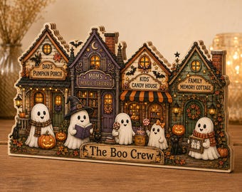 Bloque de madera personalizado de familia de fantasmas de Halloween, adorno para estante de Boo Crew, decoración personalizada con nombre familiar, letrero de mesa de pueblo espeluznante GRD-IMA15