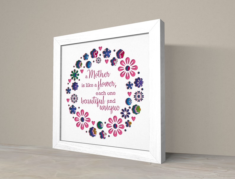 May include: White framed wall art with a pink and blue floral design and the text "a Mother is like a flower, each one beautiful and unique".