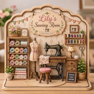 May include: A miniature sewing room diorama featuring a black Singer sewing machine, a dress form, shelves with fabric rolls, spools of thread, a small lamp, and a sign that reads Lily's Sewing Room MADE WITH LOVE and CREATE SEW INSPIRE.