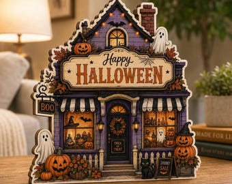 Halloween Village Wooden Block Decor, Spooky Storefront Collection, Haunted House Shelf Decor, Fall Tabletop Decoration B1ID21-RD Style 1