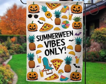 Summerween Garden Flag, Halloween in July Yard Banner, Cute Spooky Outdoor Decor for Summer Porch, Skeleton Ghost Pineapple Sign G5MG17