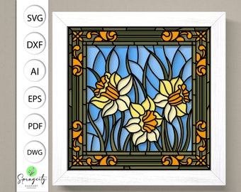 3D SVG Stained Glass Flowers Shadow Box, 3D Flowers svg, 3D SVG Floral Stained Glass Papercut, Flowers 3D Shadow Box svg, Cricut Silhouette