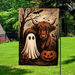 May include: A Halloween garden flag featuring a Highland cow, a ghost, and a jack-o'-lantern. The flag has a brown background with bats, spiderwebs, and trees. The cow is brown with large horns, and the ghost is white.