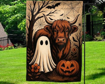 May include: A Halloween garden flag featuring a Highland cow, a ghost, and a jack-o'-lantern. The flag has a brown background with bats, spiderwebs, and trees. The cow is brown with large horns, and the ghost is white.