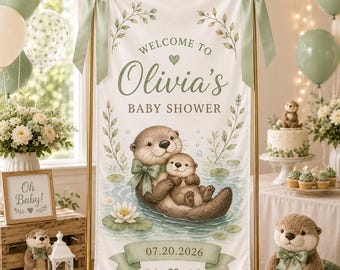 Otter Baby Shower Welcome Sign, Custom Baby Shower Banner, Woodland Otter Welcome Poster, Personalized Baby Shower Decor NRD-DSH06