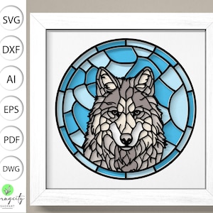 May include: A gray wolf's head in a stained glass style with a blue and white background. The wolf's eyes are black and its nose is pink.