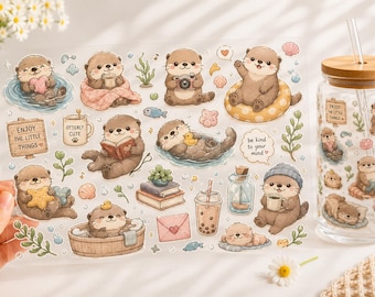 Pegatina UV DTF de nutria adorable, calcomanía para taza de nutria kawaii, transferencia para lata de vidrio de nutria marina, pegatina para taza Libbey, regalo para amantes de las nutrias NRD-NTH10