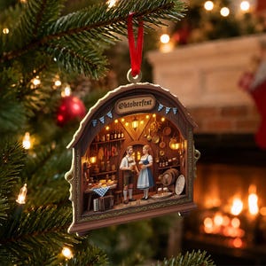 May include: A decorative arched Christmas ornament featuring a detailed 3D scene of a tavern interior with the text Oktoberfest. The scene includes two figures in traditional attire holding beer mugs, surrounded by wooden shelves, barrels, and food.