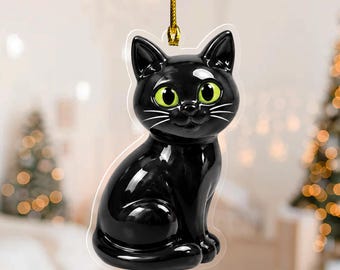 Personalized Black Cat Ornament, Cute Halloween Christmas Tree Decoration JDPC15-06