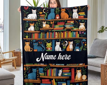 Book And Cat Blanket, Bookish Blanket, Reading Cat Blanket, Cat Lover Blanket, Bookaholic Blanket, Book Lover Blanket, Birthday Gift NEYO02