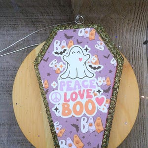 Coffin Car Freshie Peace Love Boo, Halloween Car Freshie, Fall Air Freshener, Cute Retro Ghost Cat Freshener