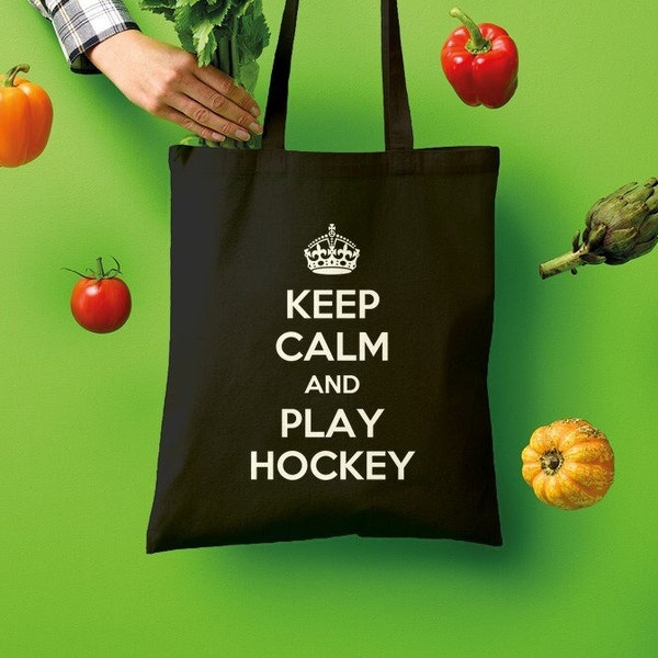 Keep Calm And Play Hockey Tote Bag - Canvas Sport Shopping Bag | Eco Friendly Plastic Bag Replacement