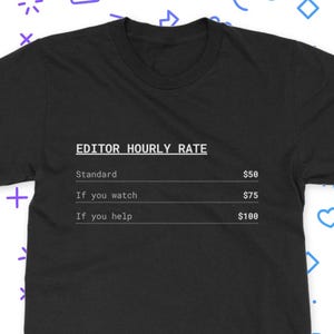 May include: A black short-sleeved t-shirt featuring white text that reads: EDITOR HOURLY RATE, Standard $50, If you watch $75, If you help $100. The shirt has a crew neckline and a standard fit, presented against a patterned background with geometric shapes.