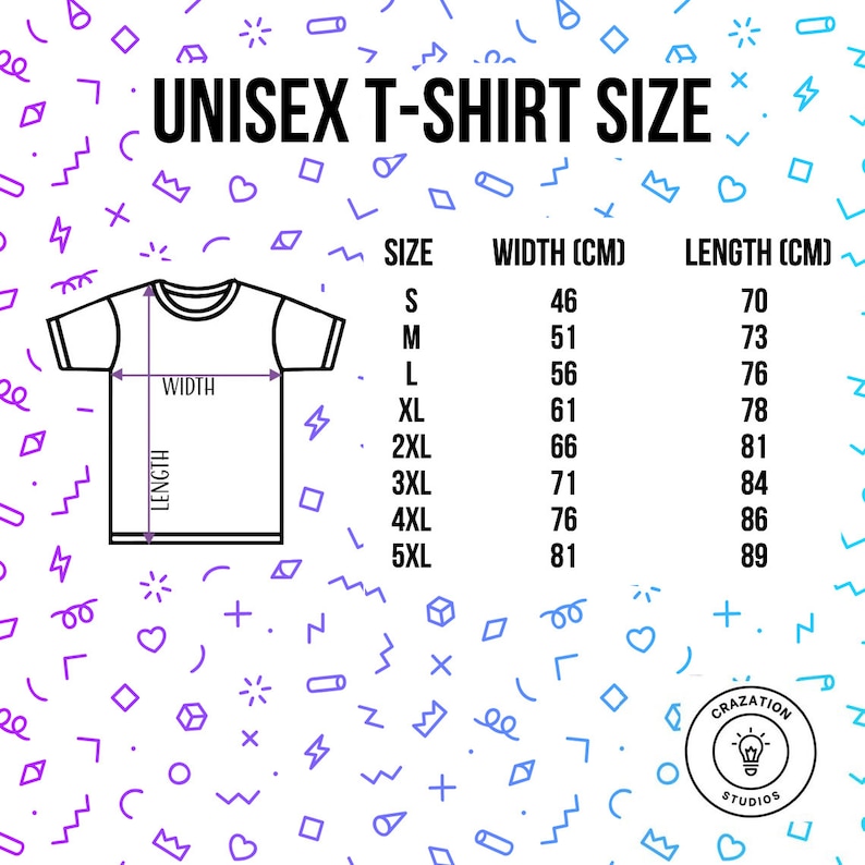Może przedstawiać: Biała grafika przedstawiająca tabelę rozmiar&oacute;w koszulek unisex. Tabela zawiera rozmiary od S do 5XL, z odpowiednimi wymiarami szerokości i długości w centymetrach. U g&oacute;ry znajduje się napis "UNISEX T-SHIRT SIZE". Tło ma wz&oacute;r kolorowych kształt&oacute;w.