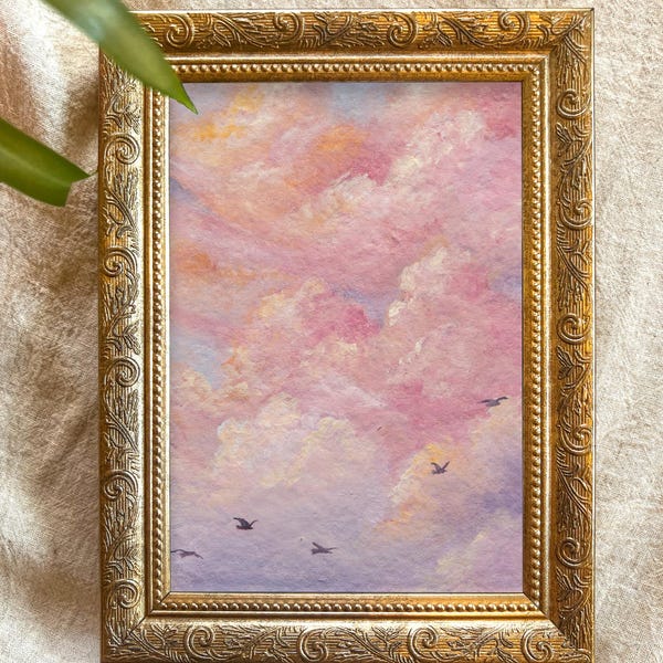 Birds Flying in Cotton Candy Clouds | Pink Skies Painting Print | Magical Light Hope Art