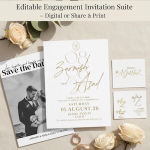Sjabloon verlovingsuitnodiging, bewerkbare Save The Date-kaart, gouden bruiloft-hashtagteken, afdrukbare digitale downloadbundel, boho-decor