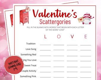 Gra Scattergories na Walentynki | Gry imprezowe | Gry dla dorosłych i dzieci | Zabawne gry do wydrukowania na Walentynki | Galentine's Day | Randka w nocy