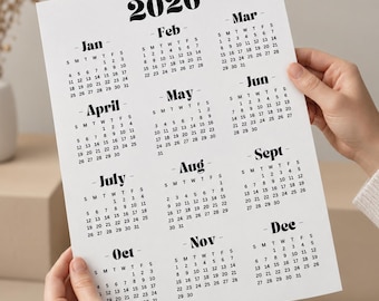 Calendario 2026 con riepilogo dell'anno, tipografia vintage audace, design minimalista (PDF)