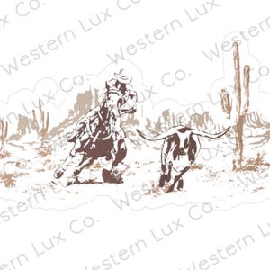 Cowboy Longhorn Sticker, Horseback Riding Decal, Western Cattle Aesthetic Vinyl, Neutral Vintage Western, Rodeo Kiss-Cut Vinyl Decals