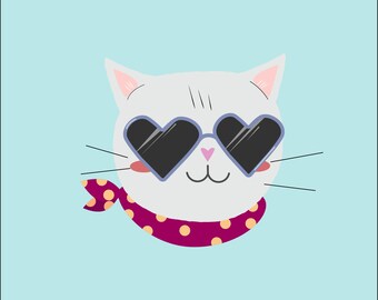 Könnte beinhalten: Eine weiße Katze mit rosa Wangen, die eine herzförmige Sonnenbrille und einen rot-gelben Tupfen-Schal trägt.