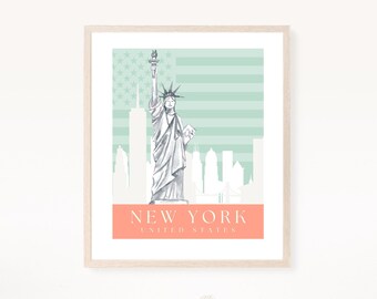 New York Travel Poster, Statue of Liberty, NYC, Travel Print, Digital Download, Small Business Art, American Art, Pink and Blue, Skyline Art