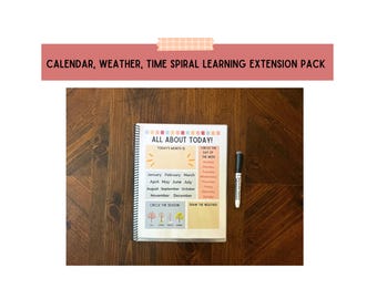 May include: A spiral-bound learning extension pack with the text "ALL ABOUT TODAY!" and "CALENDAR, WEATHER, TIME SPIRAL LEARNING EXTENSION PACK". Includes sections for the month, day of the week, season, and weather. A black marker is next to the notebook.