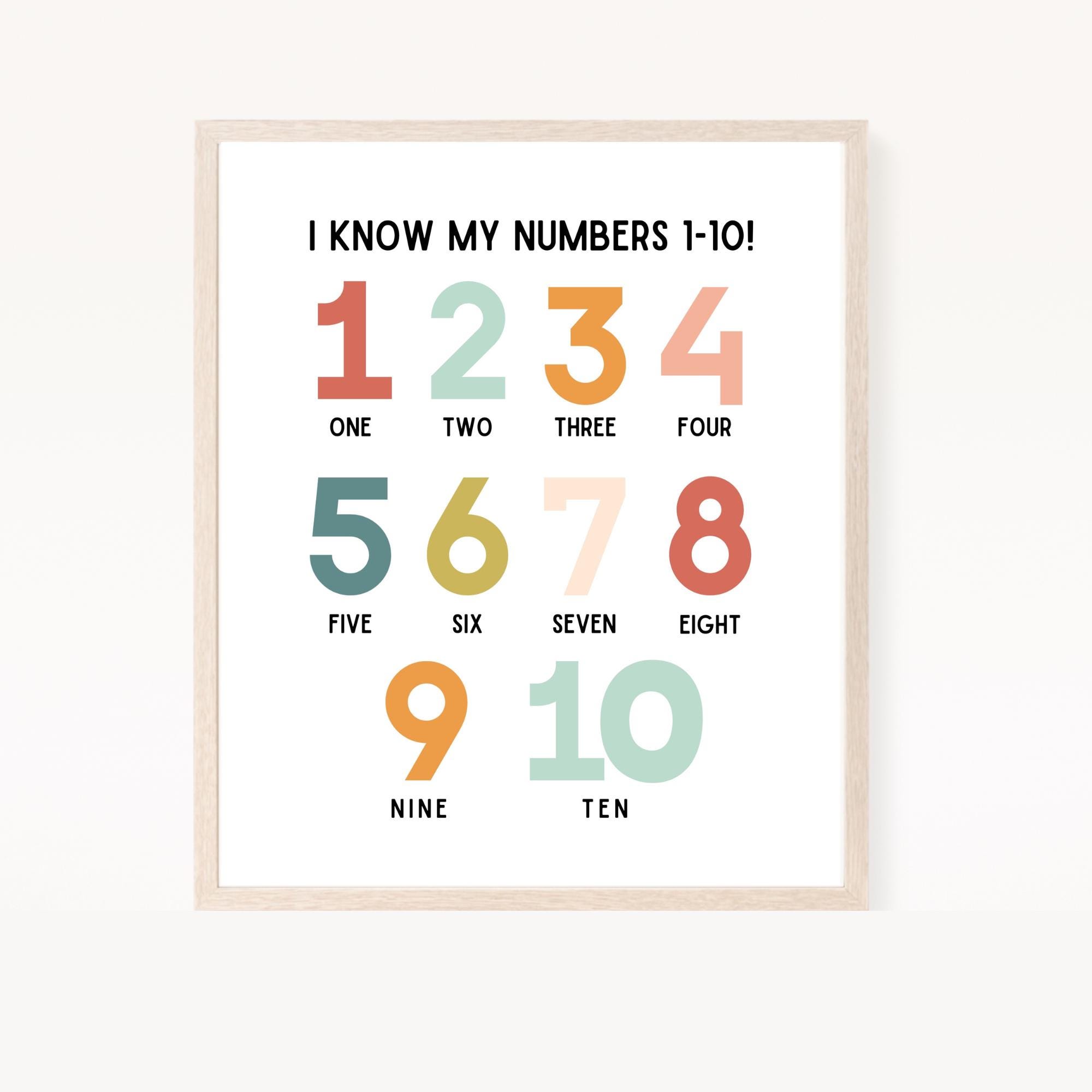 Basic I know my Numbers 1-10 Print, Number Learning, Learning Visuals for Kids, Numbers, Learning Print, Playroom Wall Art, Modern Colors