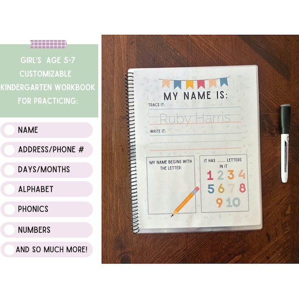 Girl Customizable Kindergarten Learning Book: Ages 5-7, School Readiness