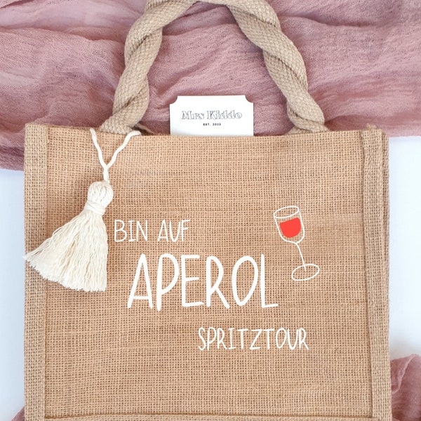 Jutebeutel "Aperol Spritztour" | Jutetasche mit Makramee Anhänger