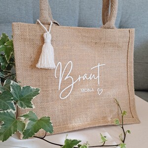 JGA bag bride with name and heart | Jute bag with macrame pendant | Bride gift idea customizable