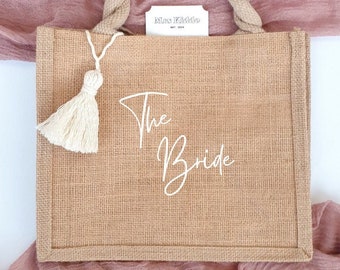 JGA bag "The Bride" & "Team Bride" | Bachelorette party jute bag with macrame pendant | Gift idea for bride, maid of honor, bridesmaid