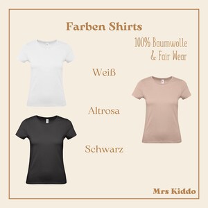 May include: Three t-shirts in white, black, and light pink. The shirts are all crew neck and short-sleeved. The text "Farben Shirts" is at the top of the image, and the text "100% Baumwolle & Fair Wear" is below the shirts. The text "WeiB", "Altrose", and "Schwarz" are below each shirt, respectively. The text "Mrs Kiddo" is at the bottom of the image.